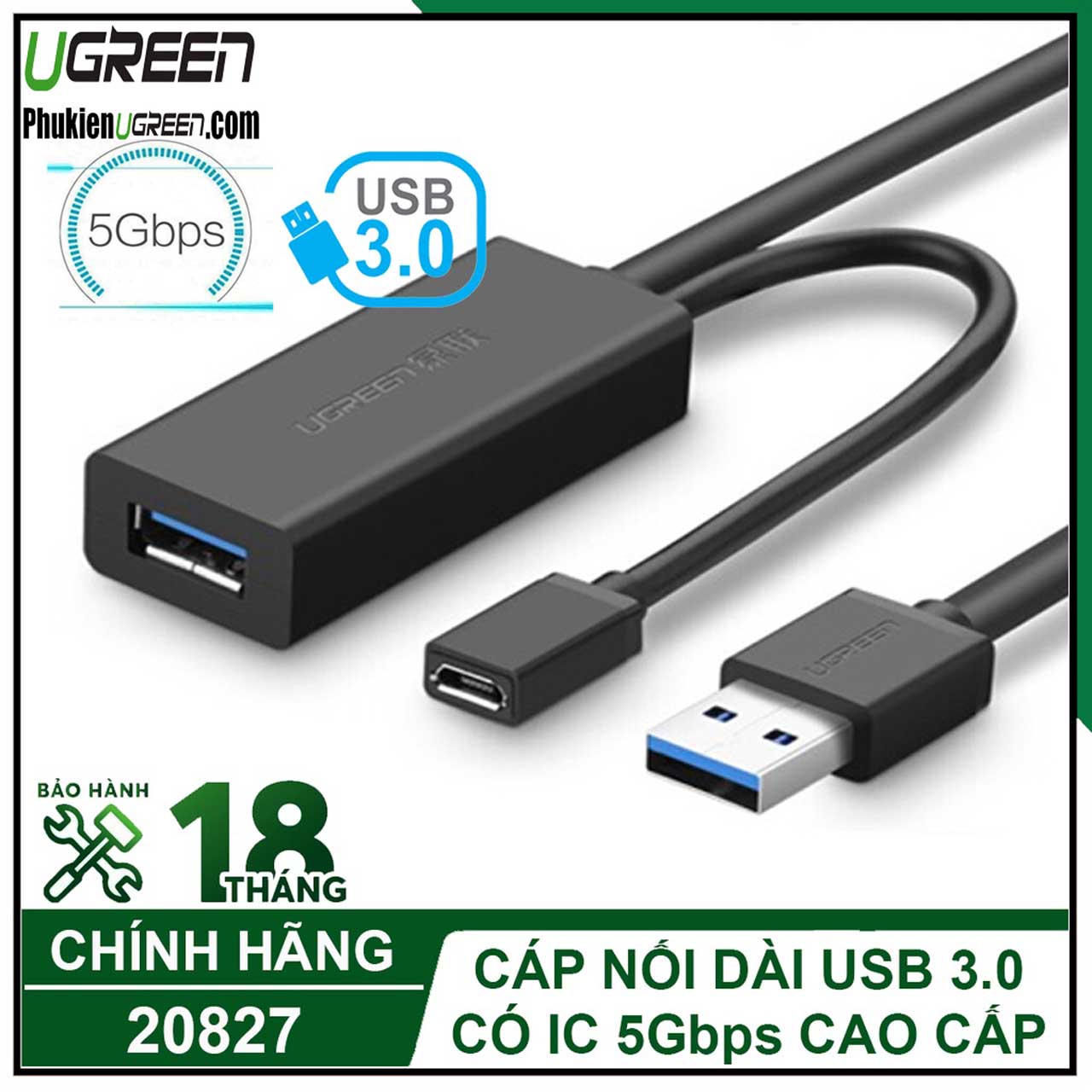 Cáp nối dài USB 3.0 dài 5m Tích hợp nguồn Micro USB cao cấp chính hãng 
